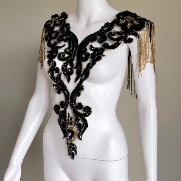 Vintage Black & Gold Ornate Hand Beaded Sequin Bodice Appliqués Patch Piece - Picture 9 of 10